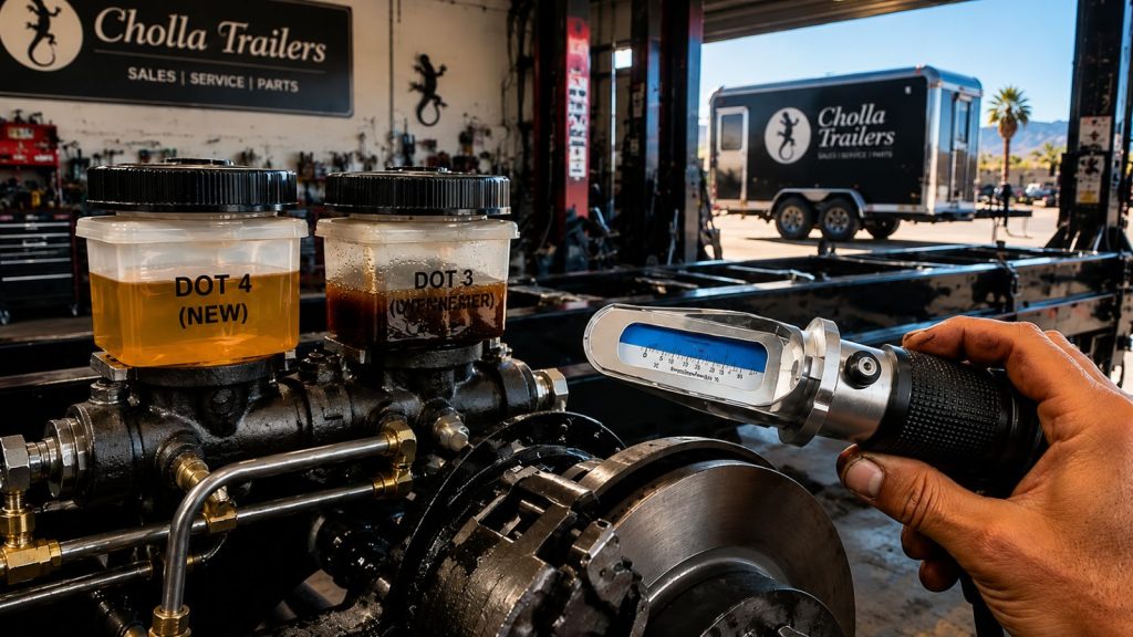 Close-up of trailer brake fluid reservoirs showing DOT 4 and overheated DOT 3 fluid in a Tucson trailer workshop, with a technician measuring fluid with a refractometer.